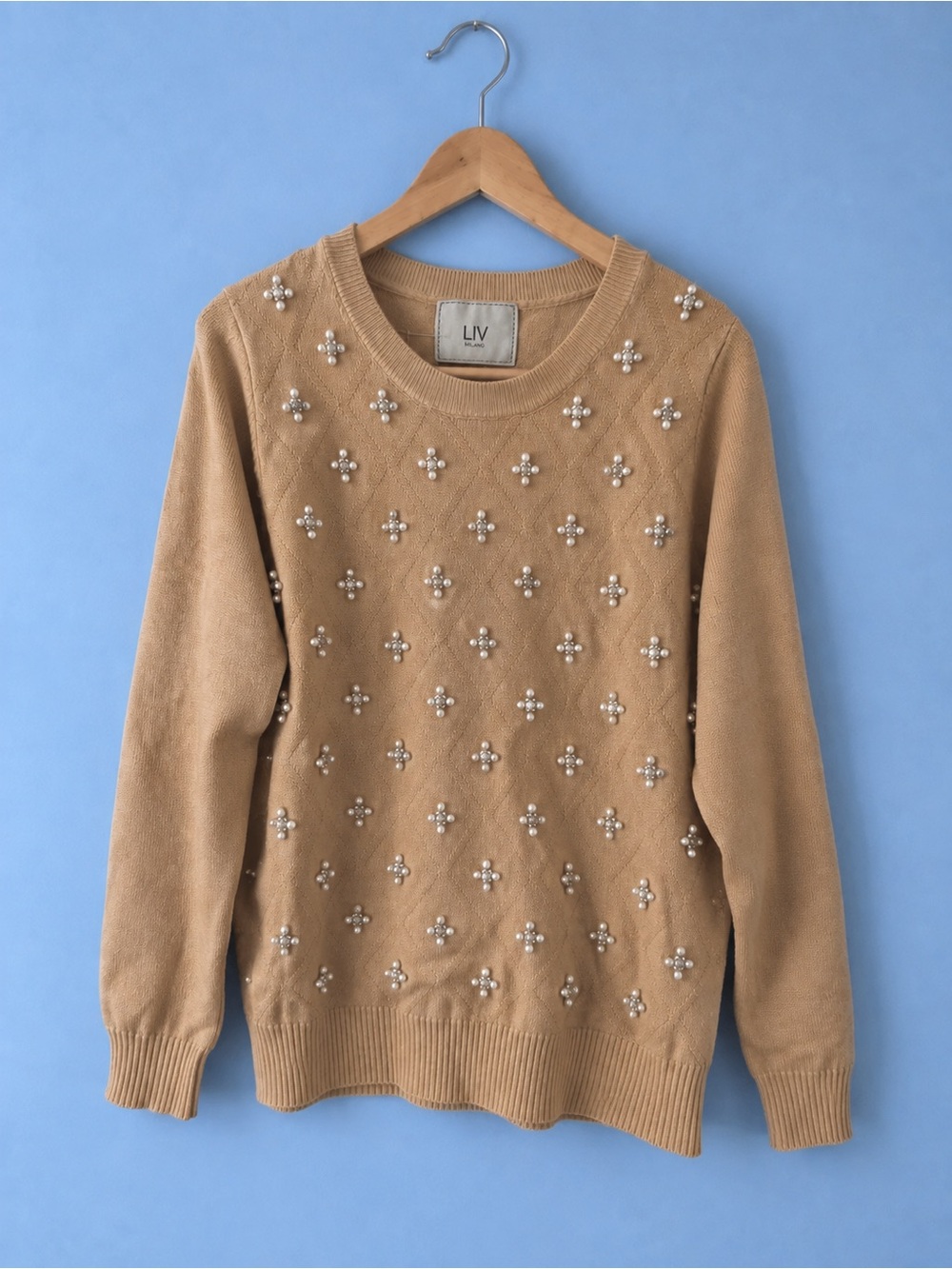Milano Camel Crewneck Sweater with Pearl Clusters